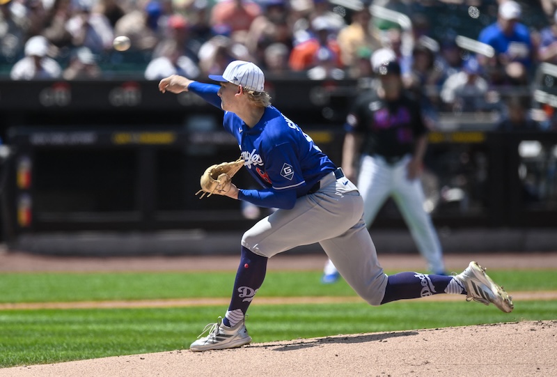 Emmet Sheehan, Hall of Fame Weekend Dodgers hat, alternate Dodgers blue jersey
