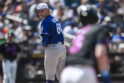 Emmet Sheehan, Hall of Fame Weekend Dodgers hat, alternate Dodgers blue jersey