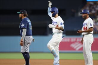 Andy Pages, Chris Woodward, Josh Naylor, Dodgers celebration