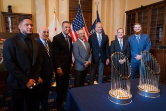 Miguel Rojas, Stan Kasten, Alex Padilla, Dave Roberts, John Thune, Adam Schiff, Will Klein, World Series trophies, Dodgers White House