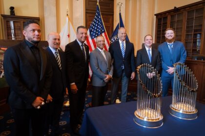 Miguel Rojas, Stan Kasten, Alex Padilla, Dave Roberts, John Thune, Adam Schiff, Will Klein, World Series trophies, Dodgers White House