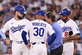 Andy Pages hit by pitch, Dave Roberts, Dodgers trainer Thomas Albert, Chris Woodward, 2026 MLB Players Weekend