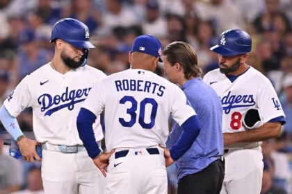 Andy Pages hit by pitch, Dave Roberts, Dodgers trainer Thomas Albert, Chris Woodward, 2026 MLB Players Weekend